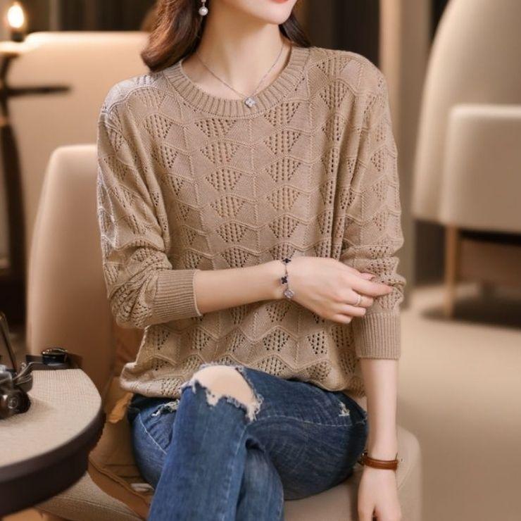 

Большой размер Дофамин Вырез Осень Лето Тонкий Трикотаж Длинный рукав Верхний Свитер для Женщин 2XL