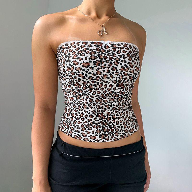 

Gusty American Style Sexy Leopard Print Print Bandeau Camisole Female Street Retro Trendy Cool Drag Sister Short Top Summer White S