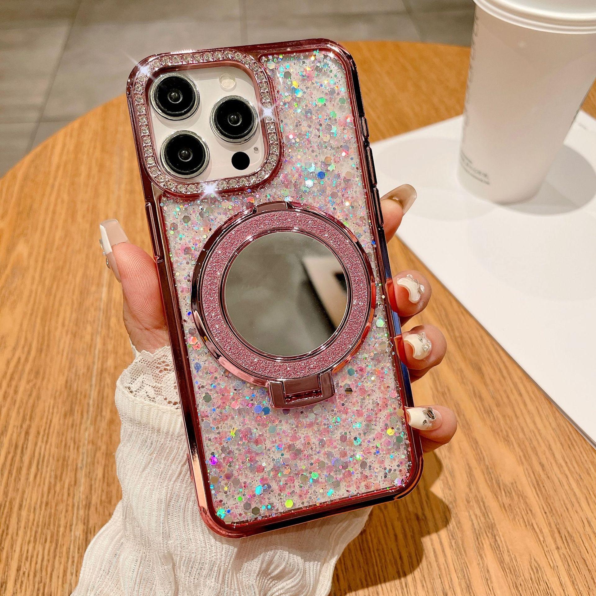 

Зеркальная магнитная подставка подходит для чехлов Apple 16, 15promax, роскошный чехол с блестками из эпоксидной смолы и водяными бриллиантами 14 iPhone11Promax розовый