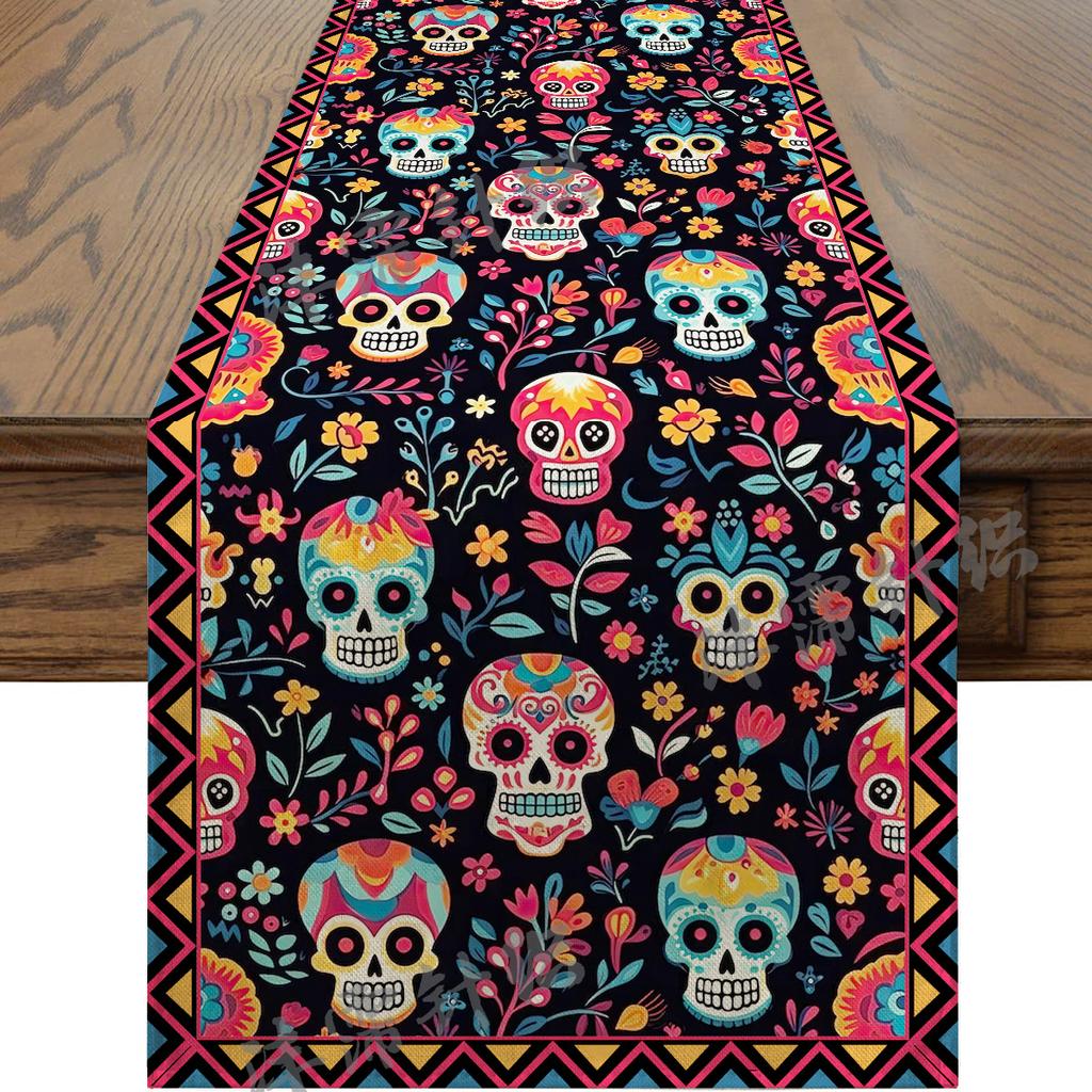 Halloween Table Runner Faux Linen Long Strip Day of the Dead Christmas Holiday Dining Decor