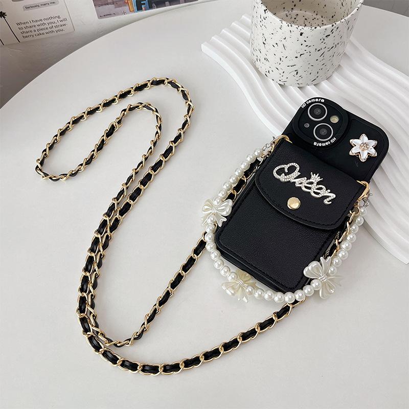 For IPhone17 Wallet Card Case Phone Case for Apple 16 Bow Pearl 14 Bracelet 13 Precision Hole XR Flower