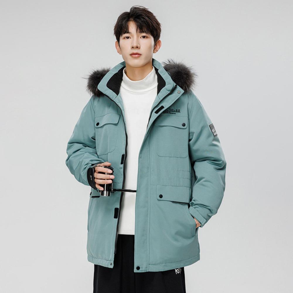 Down jacket men's medium and long large fur collar hooded jacket winter tooling trendy brand casual and warm