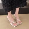 Coarse Heel French Slippers Women's Summer Outer Wear 2025 New Middle Heel One-word Drag Fairy Wind Silver Cool Slippers Women