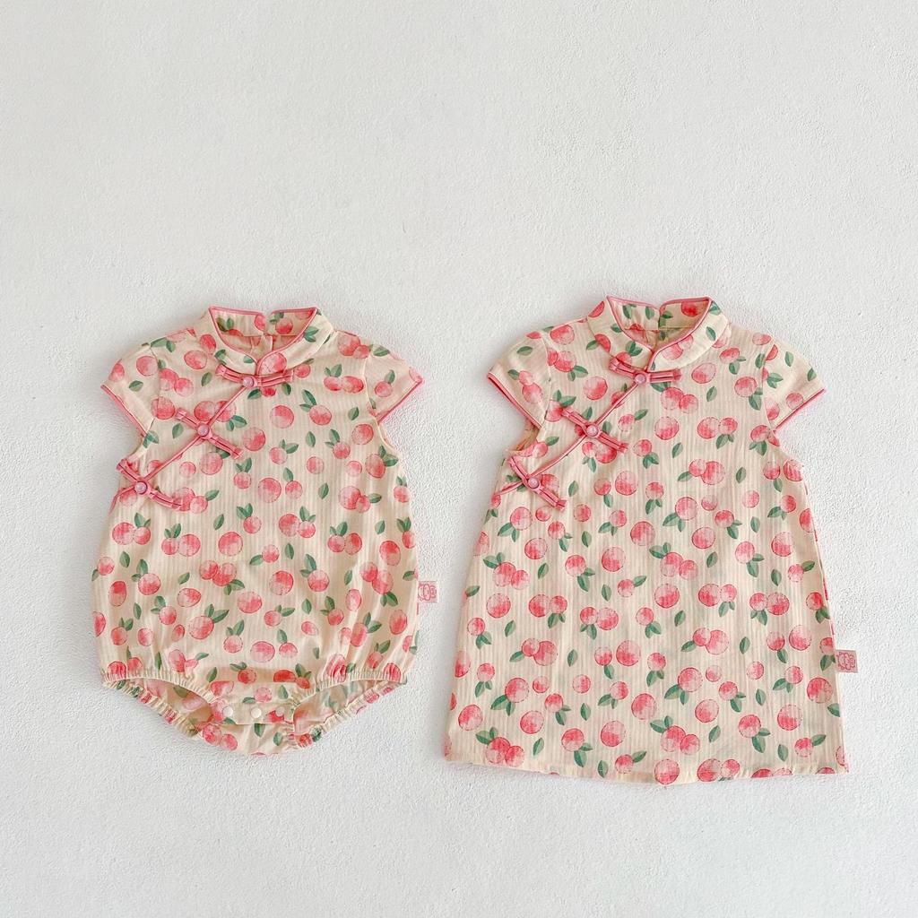 Sommer Mädchen Schwesternoutfits: Baby Strampler & Fruchtsalat Cheongsam Set