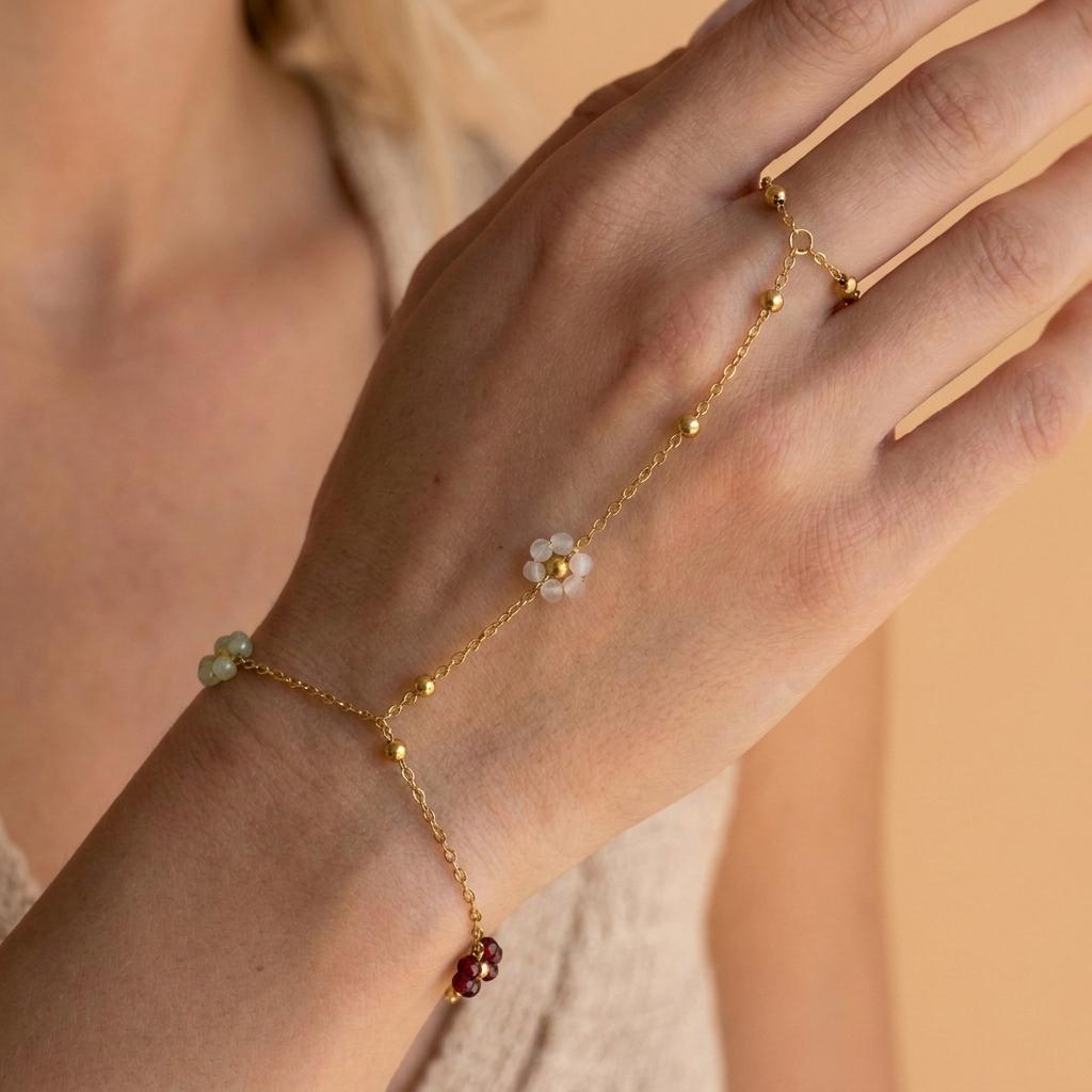 Stainless Steel Crystal Flower Hand Chain Ring Bracelet for Women Gold Plated Beads Adjustable Bracelets Party Wedding Jewelry