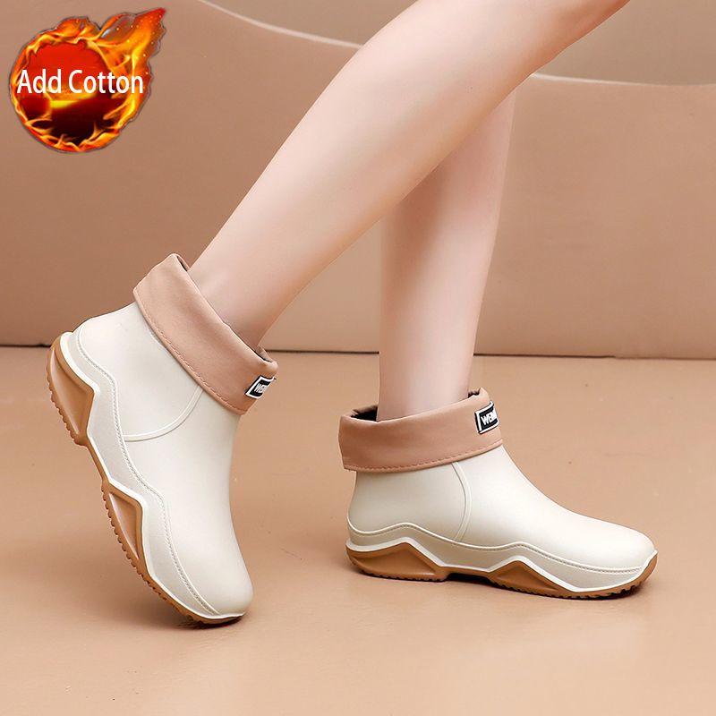 Korean Style Women's Short Shaft Rain Boots Waterproof Warm Flat Sole Kitchen Work Car Wash Rubber Boots Men's