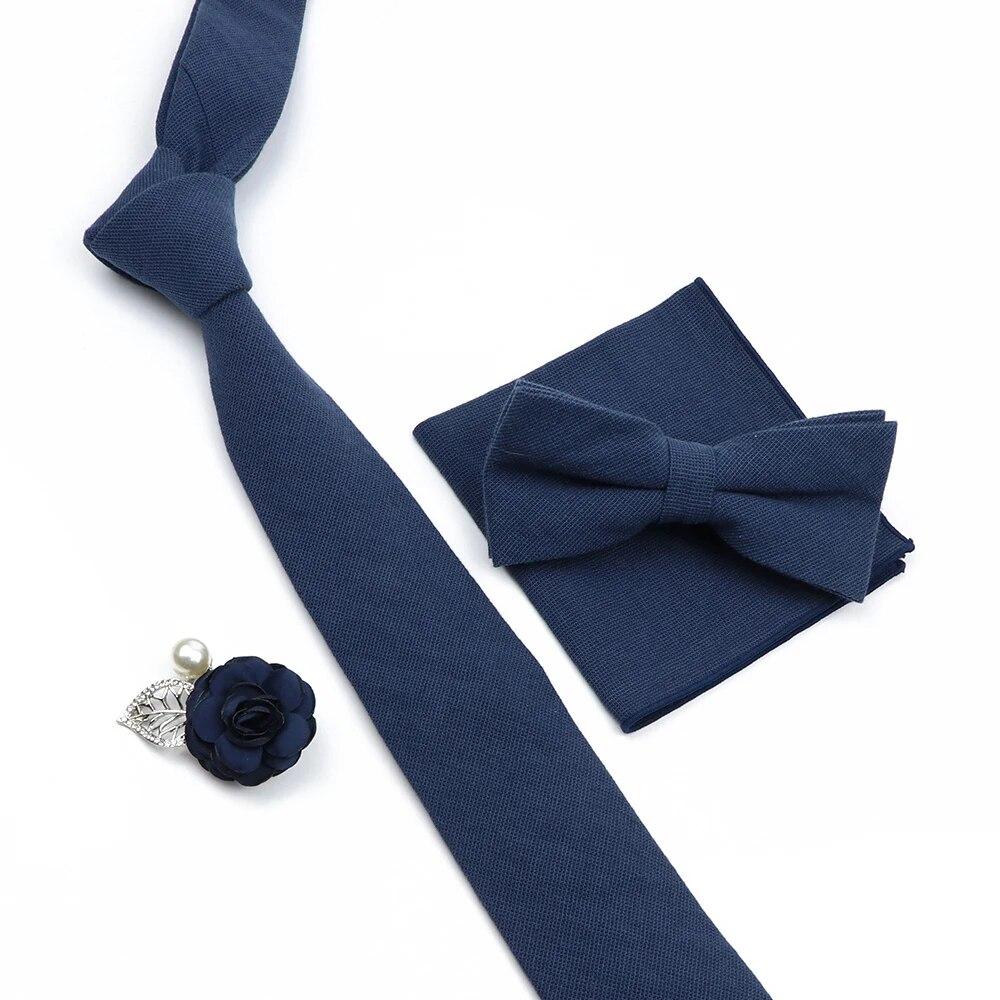 Solid Color Cotton Necktie Set For Men Tie 4pcs Hanky Cufflinks Rhinestone FLoral Brooch Tie Set