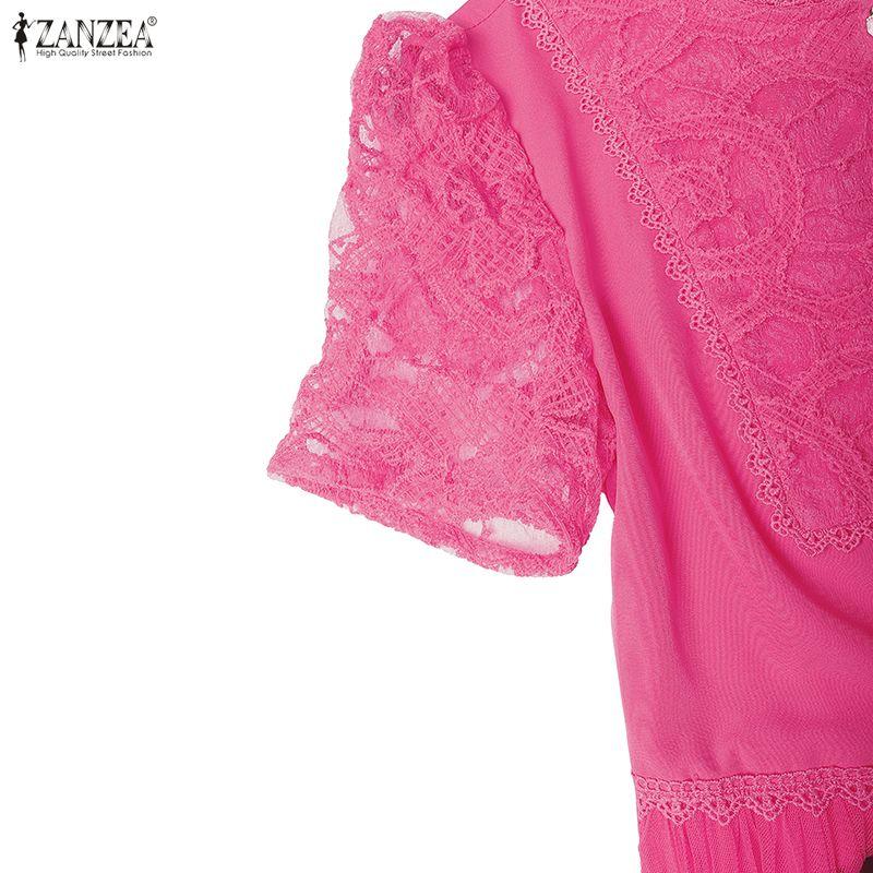 ZANZEA Women Lace Patchwork Casual Round Neck Short Sleeve Long Dress