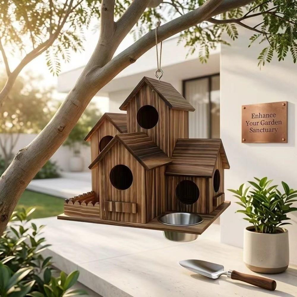 Rustic Style Wooden Bird House Feeder Weather Resistant Hanging Birdhouse Outdoor Use