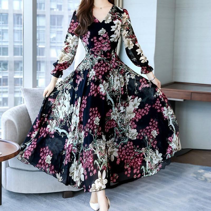 Langermet V-halskjole Kvinner Høst Slim Fit Lang A-linje stort skjørt