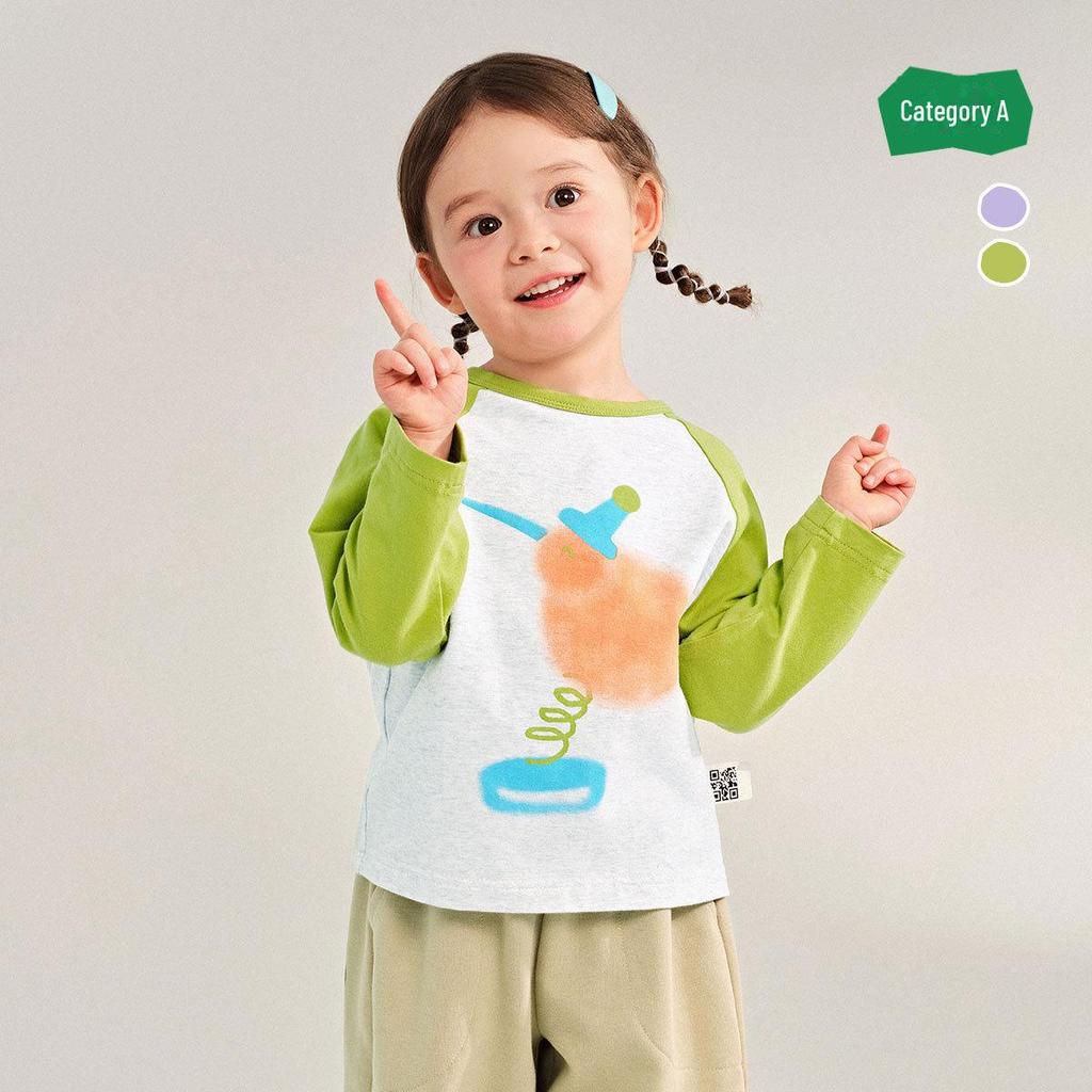 2025 Spring Kids' Round Neck Cute Long Sleeve Color Block T-Shirt