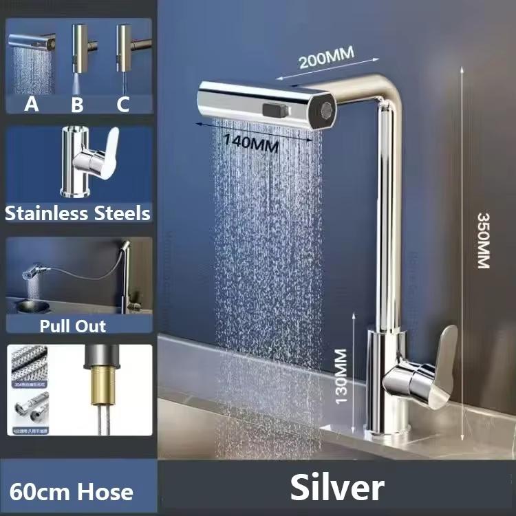 Gunmetal Grey 3 Mode Pull Out Kitchen Faucet with Waterfall Sprayer Single Hole Deck Mount Hot and Cold Water Mixing Faucet.
