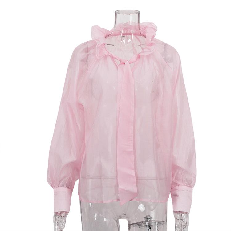 French niche design lotus leaf collar lace-up women's shirt autumn new temperament fashion versatile long-sleeved top