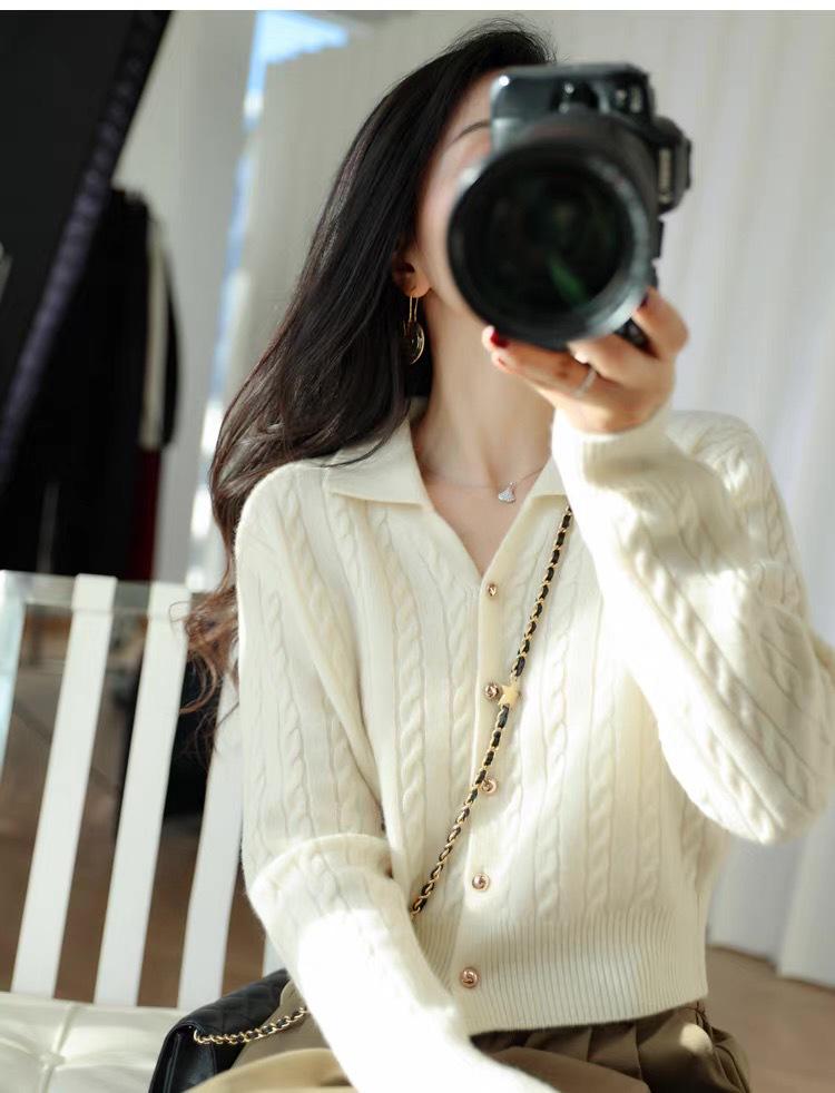 Women's 100% Pure Wool Cable Knit Cardigan - Fashionable Short Lapel Sweater for Autumn & Winter