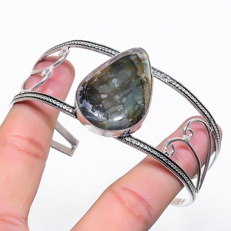 Natural Labradorite Gemstone 925 Sterling Silver Cuff Bangle Adjustable W9h93