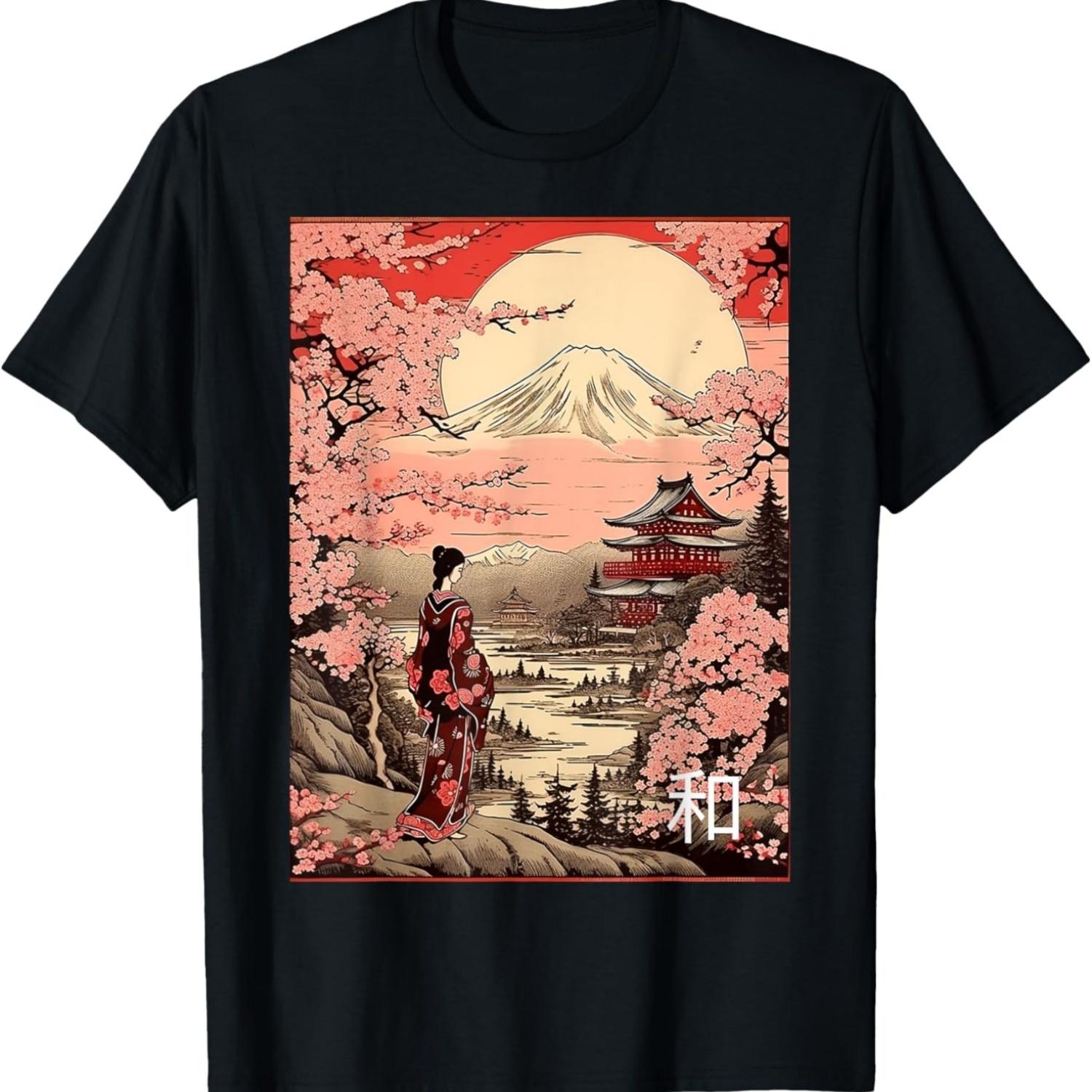 Garden Mount Fuji Cherry Blossoms Geisha Japan T-Shirt(3) S чёрный
