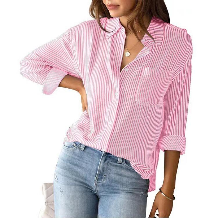 2026 New Women's Casual Loose Long Sleeve Striped Cardigan Shirt
