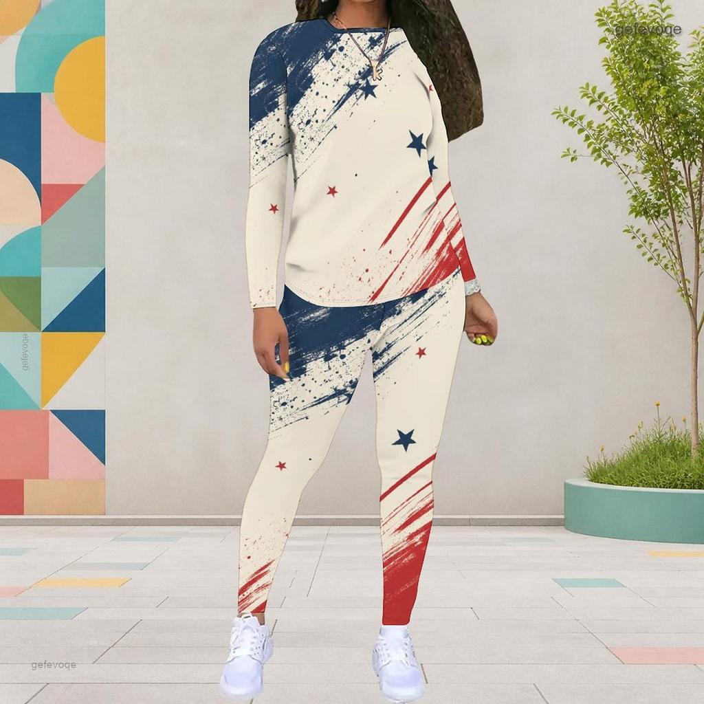 Damen Übergröße Rundhals Langarm Bedrucktes Oberteil und Enganliegende Hose Zweiteiliges Set