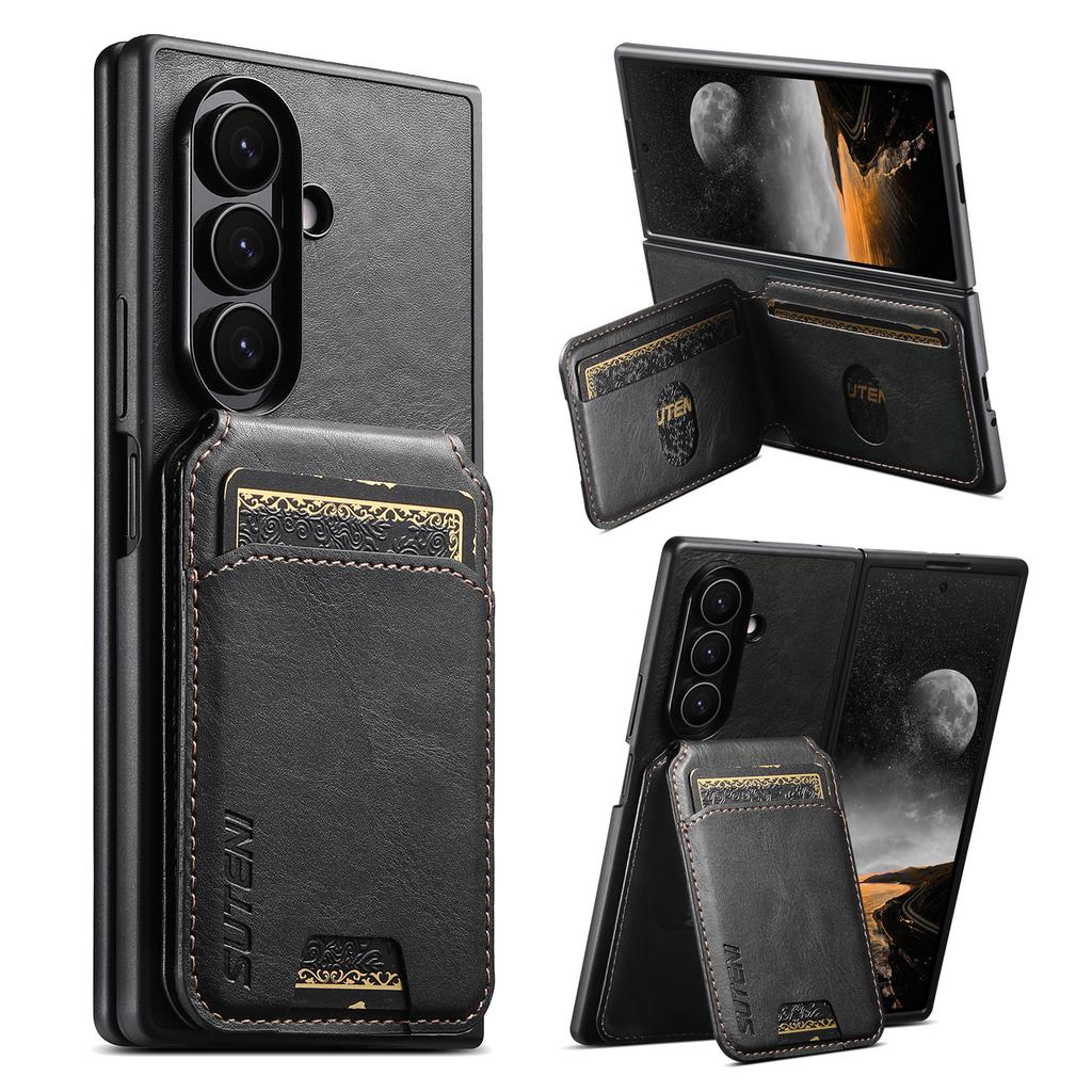 SUTENI H02 For Samsung Galaxy Z Fold7 5G Case Waxy Texture Leather + PC Card Slots Kickstand Phone Cover