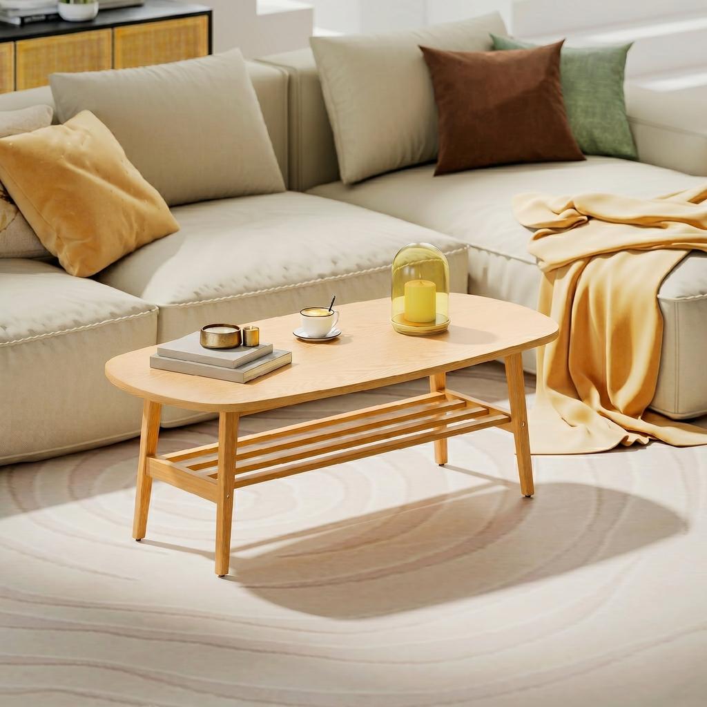 Coffee Table, Two-Tier, Open Lower Shelf, Rubberwood Legs, Natural Wood