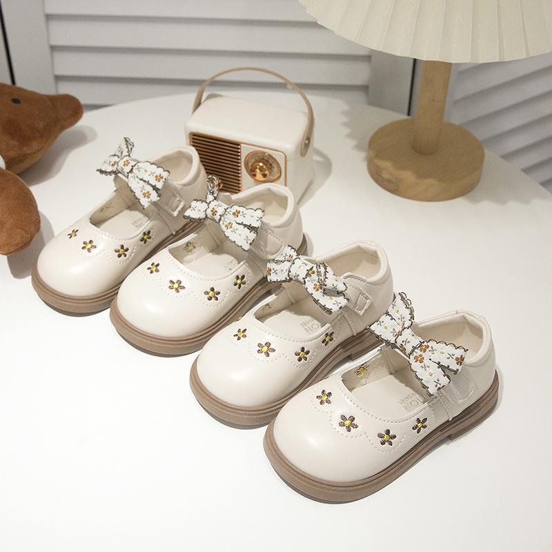 Girls Leather Shoes Sweet Flower Kids Flats Round Toes Cute Bow 2025 New Fashion Girls Princess Shoes Non-slip Soft Sole Ins