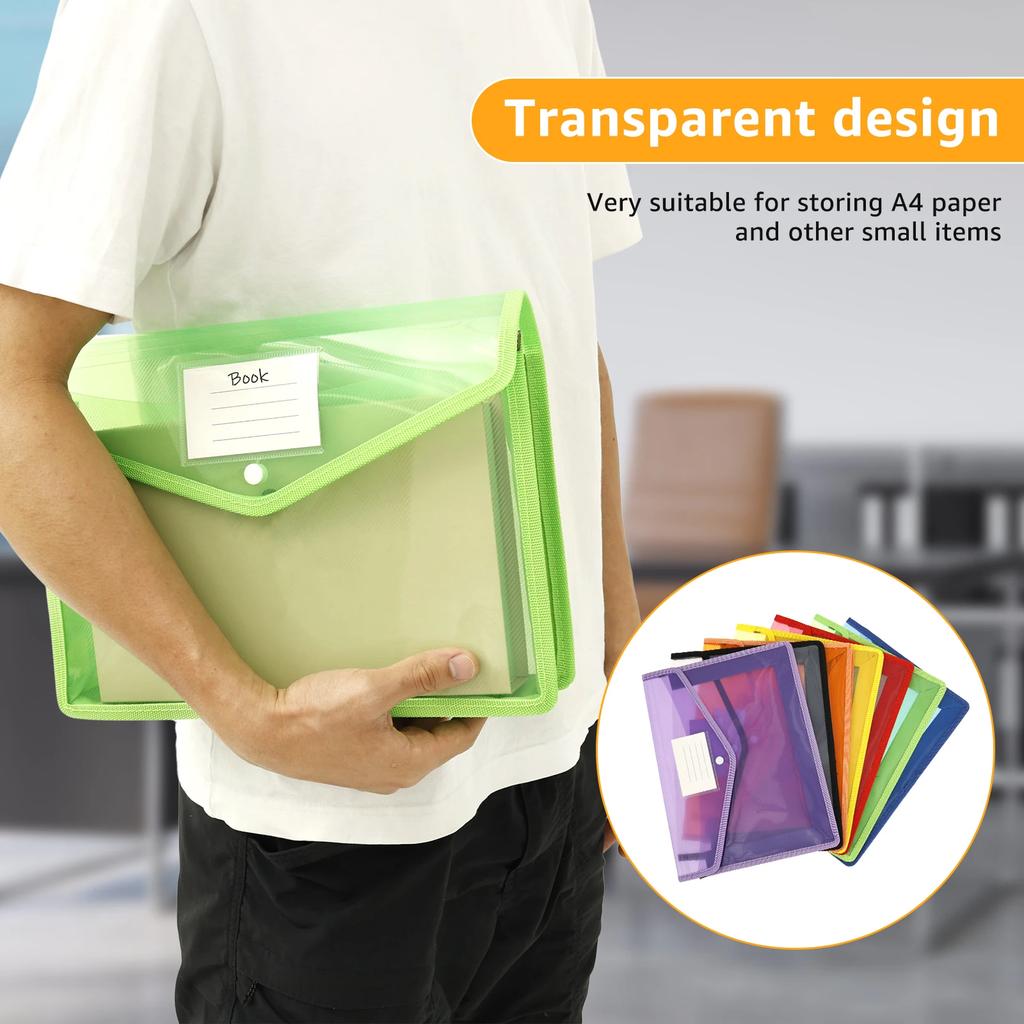 7Pcs A4 Plastic Wallet Folder Envelope Large Capacity Clear Waterproof Document Bag with Snap Button & Card Slot File Organizer