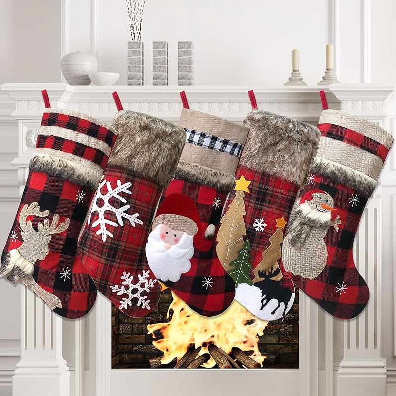 BRvieluck Christmas Stockings Set of 6 Buffalo Red Plaid with Soft Faux Fur for Family Fireplace Hanging Large 20 Inches Xmas Stockings Decorations