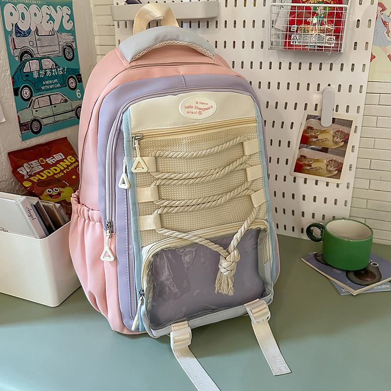 Nylon Backpack For Teens With Colorful Splicing And Letter Pattern For Daily Use
