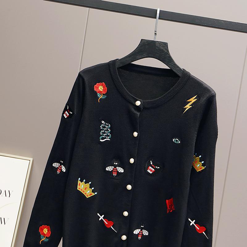 Autumn Women Designer Embroidery Monsters Single Breasted Knitted Sweater Coat Jacket