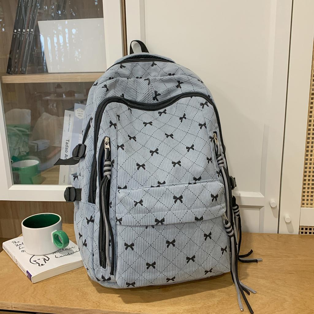 Bow Print Corduroy Backpack Casual Fashion Daily Bag Large Capacity School Bag for Students Minimalist Design Commute Travel with Tassel Accents