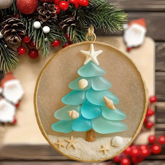 Hav-inspirert julepynt Sjøglass Skjell Resin Tre med Sjøstjerne Topp Kystnær Jul Hengende Dekorasjon til Tre Bil Speil Dekor