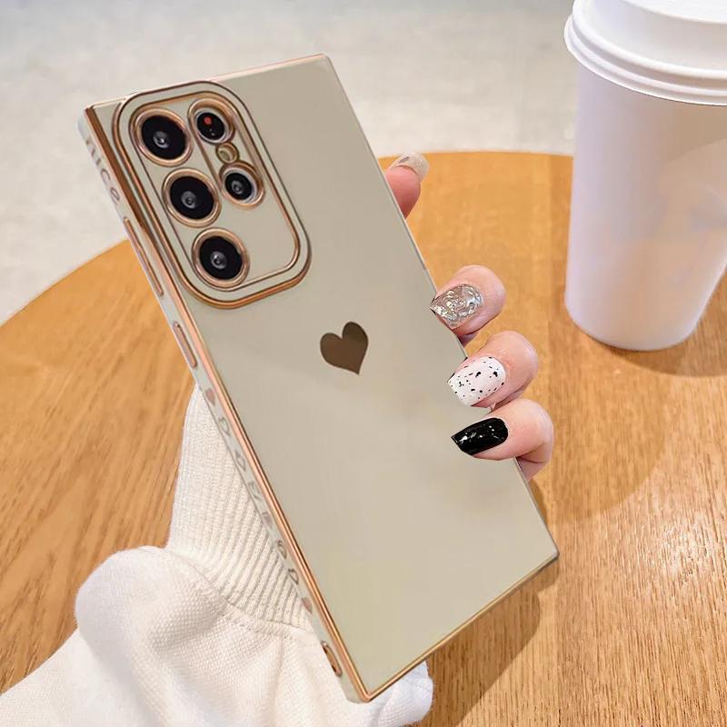 Glossy Plating Love Heart Phone Case For Samsung Galaxy S23 Ultra S22 S21 A04S A14 A24 A34 A54 A23 A53 A13 A12 A52 A52S 5G 4G Soft Silicone Back Cover