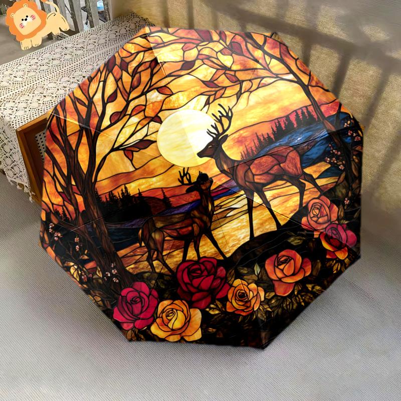 1 PC Automatic Folding Umbrella - Deer Sunset Pattern, Portable & Foldable Design with 8 Ribs, Christmas Birthday Gifts