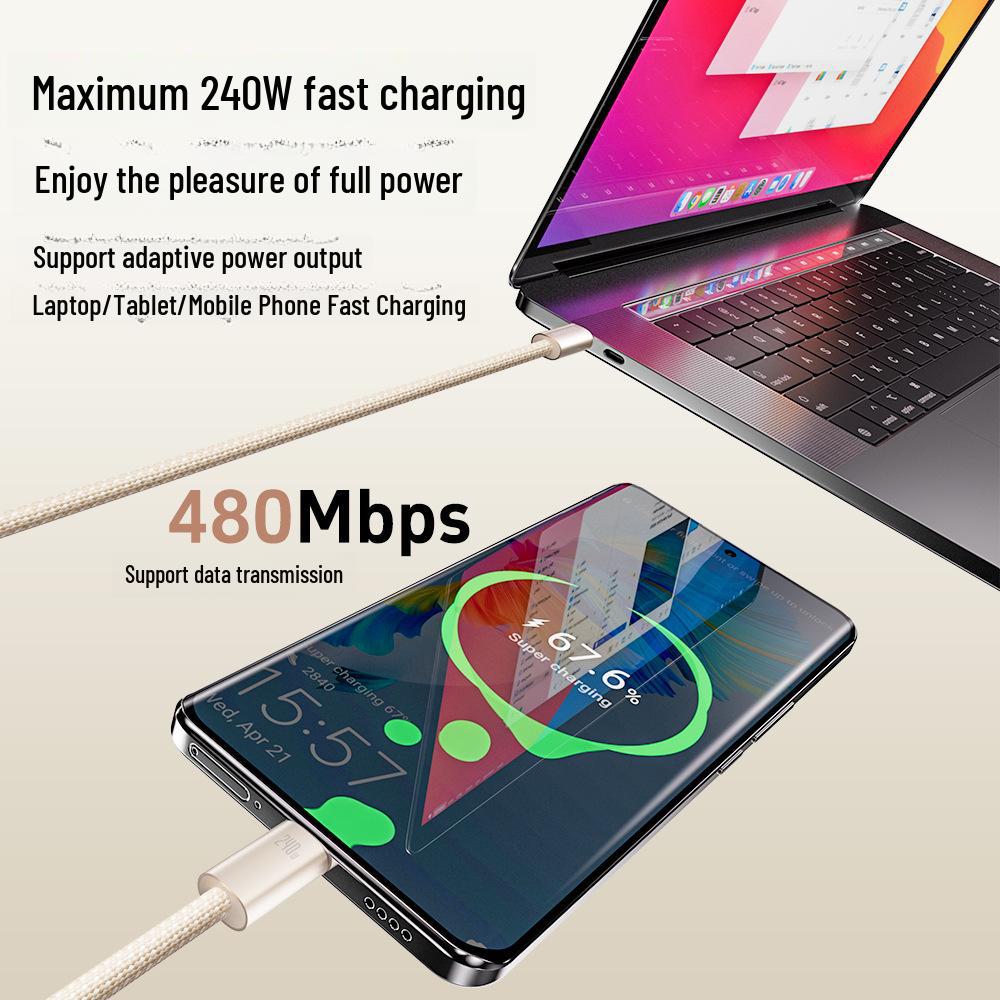 240W Type-C Super Fast Charging Data Cable - Desert Gold, Braided Zinc Alloy Interface.