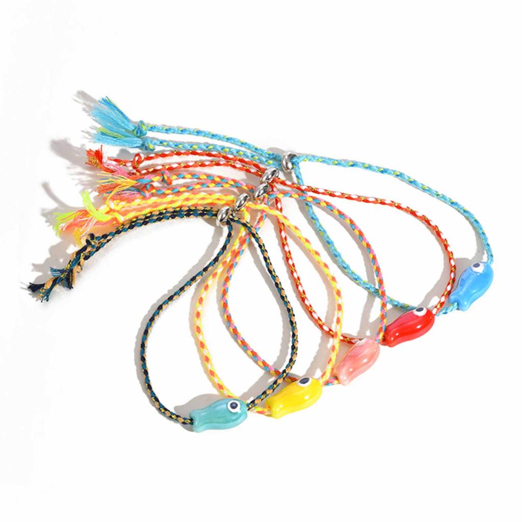 Vnox Trendy Multicolored Ocean-themed Ceramic Fish Woven Bracelet Boho Charm Rope Wristband Friendship Summer Beach Jewelry