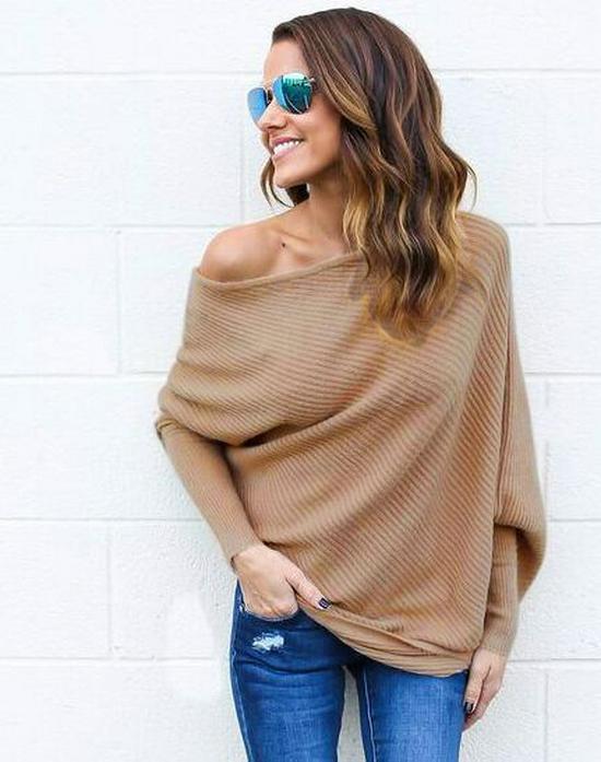 European & American Fall/Winter Sexy Off-Shoulder Batwing Sleeve Knitted Sweater for Women