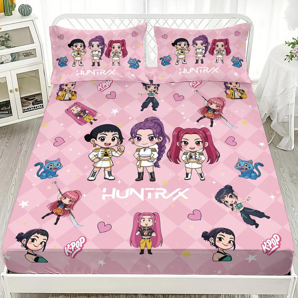 1pc K-Pop Demon Hunters Fitted Sheet Polyester Durablle Machine Washable Bedding Set for Home Bedroom Decoration Birthday Gift