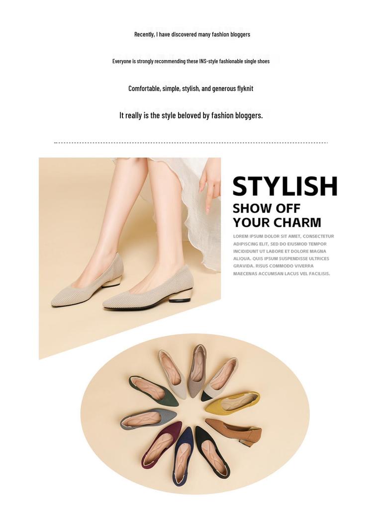 B35-3 Pointed Toe Low-Cut Chunky Heel Breathable Plus Size Striped Knit Shoes