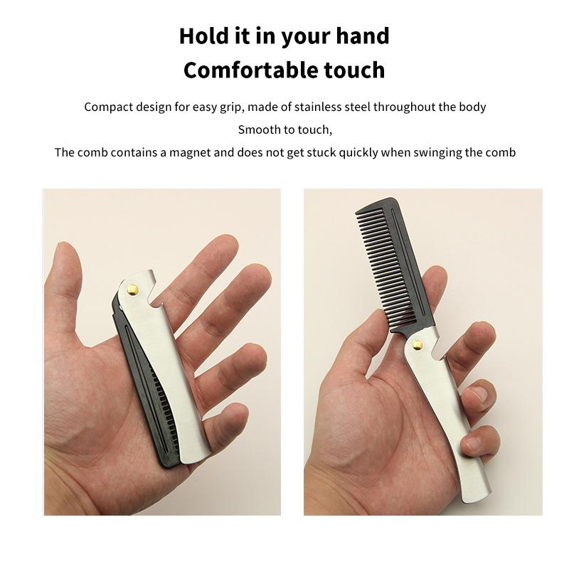 Men Retro Oil Head Comb Portable Folding Stainless Steel Comb Hairdressing Styling Round Teeth Comb Bottle Opener Dual Purpose