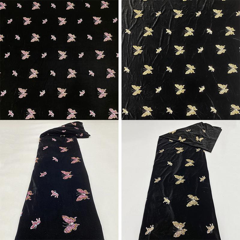 1/3/5Yards Floral Embroidery Colorful Beads Sequin Velvet Fabric for DIY Sewing Gowns Dress Cheongsam Clothing Accessories