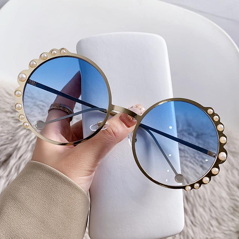 Flower Border Pearl Glasses Personality Hip Hop Funny Sunglasses Round Frame Metal Sunglasses