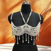 Catena da corpo con frange e perle finte alla moda, Bralette, Gioiello per il corpo con perline, Harness, Bustier, Top a reggiseno per costumi da bagno da donna
