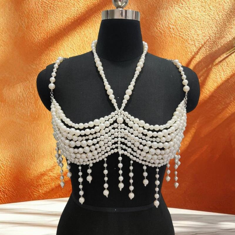 Catena da corpo con frange e perle finte alla moda, Bralette, Gioiello per il corpo con perline, Harness, Bustier, Top a reggiseno per costumi da bagno da donna