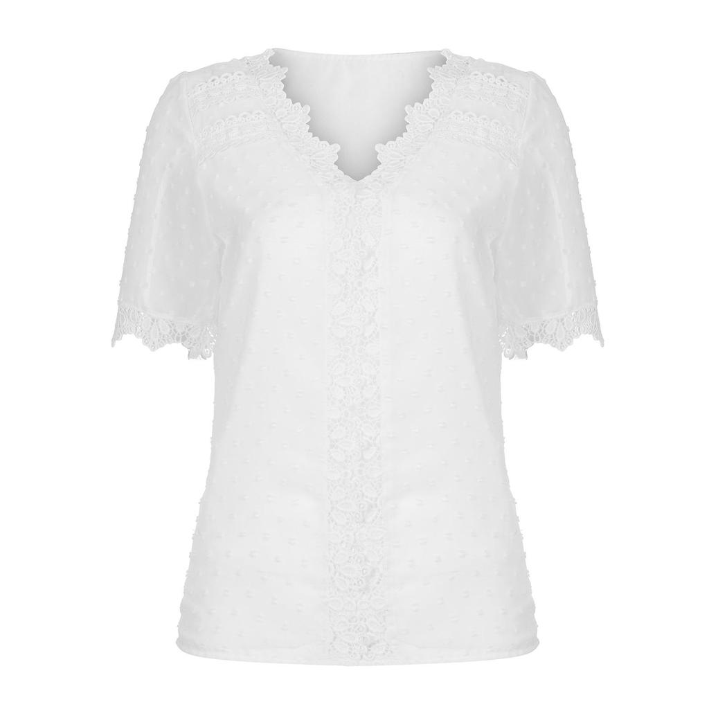 New Women's Lace Jacquard V-Neck Short Sleeve Casual T-Shirt