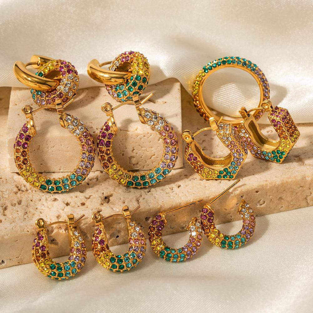 

Trendy Gold-Plated Colorful Diamond Hoop Earrings for Women