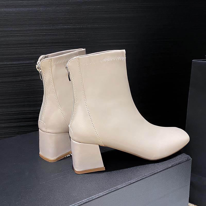 Women's Thick Heel Medium Heel Boots Women's 2025 New Winter Square Toe Back Zipper Increased Casual Short Boots