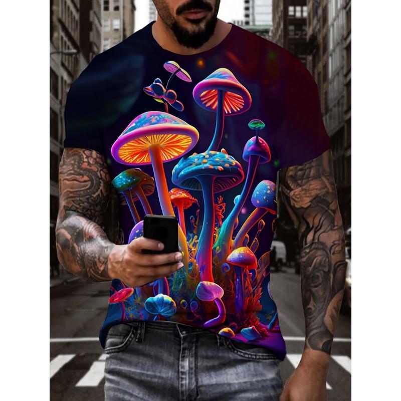 Funny Summer Men's 3D Mushroom Print T-Shirts Psychedelic Colors Streetwear Tee Casual Fashion Short Sleeves Top Mens Clothing