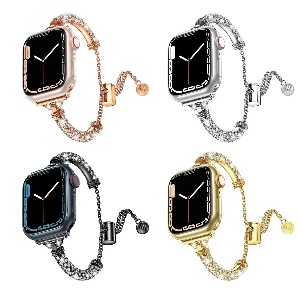 Bling Band Compatible with Apple Watch Band Dressy Metal Bracelet with Rhinestone Bumper for iWatch Series Ultra 8 7 6 5 4 3 2 1