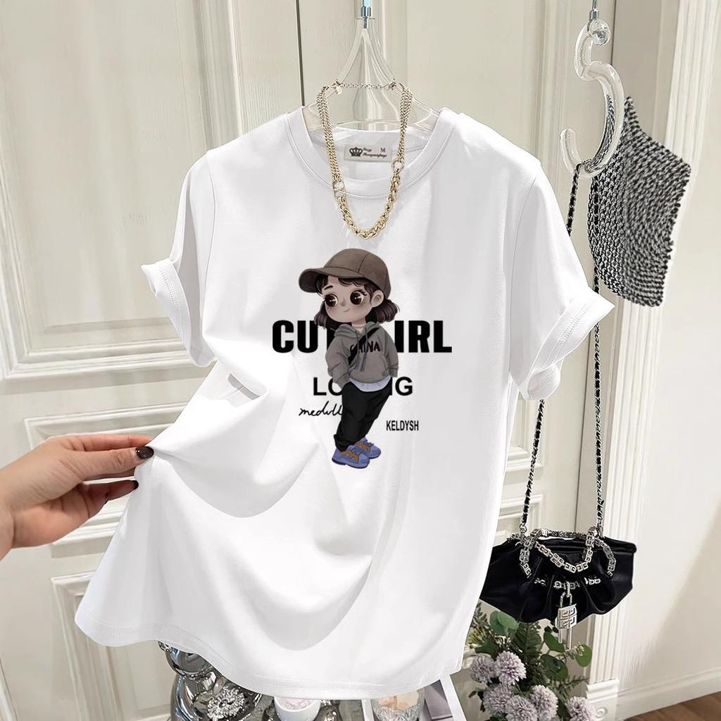 Large Version of Loose T-shirt for Women's Short-sleeved Pure Cotton Summer New Korean Version of Cute Girl Mid-length Top