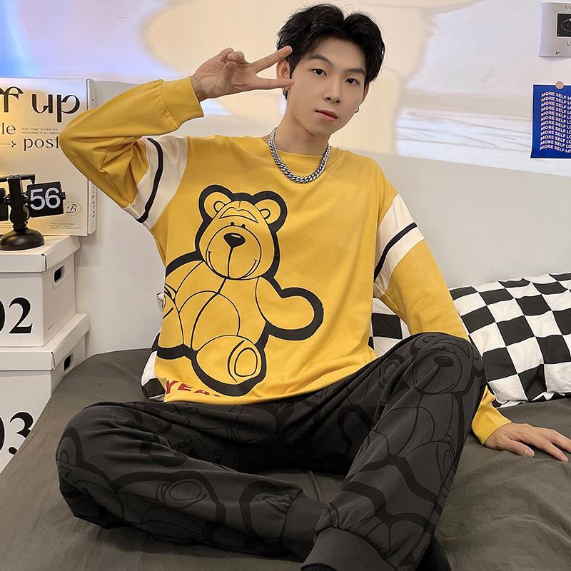 Spring Cotton Men's Pijamas Set Plus Home Clothes Male Nightwear 2Pcs/Set Casual Loungewear Long Sleep Top & Pant